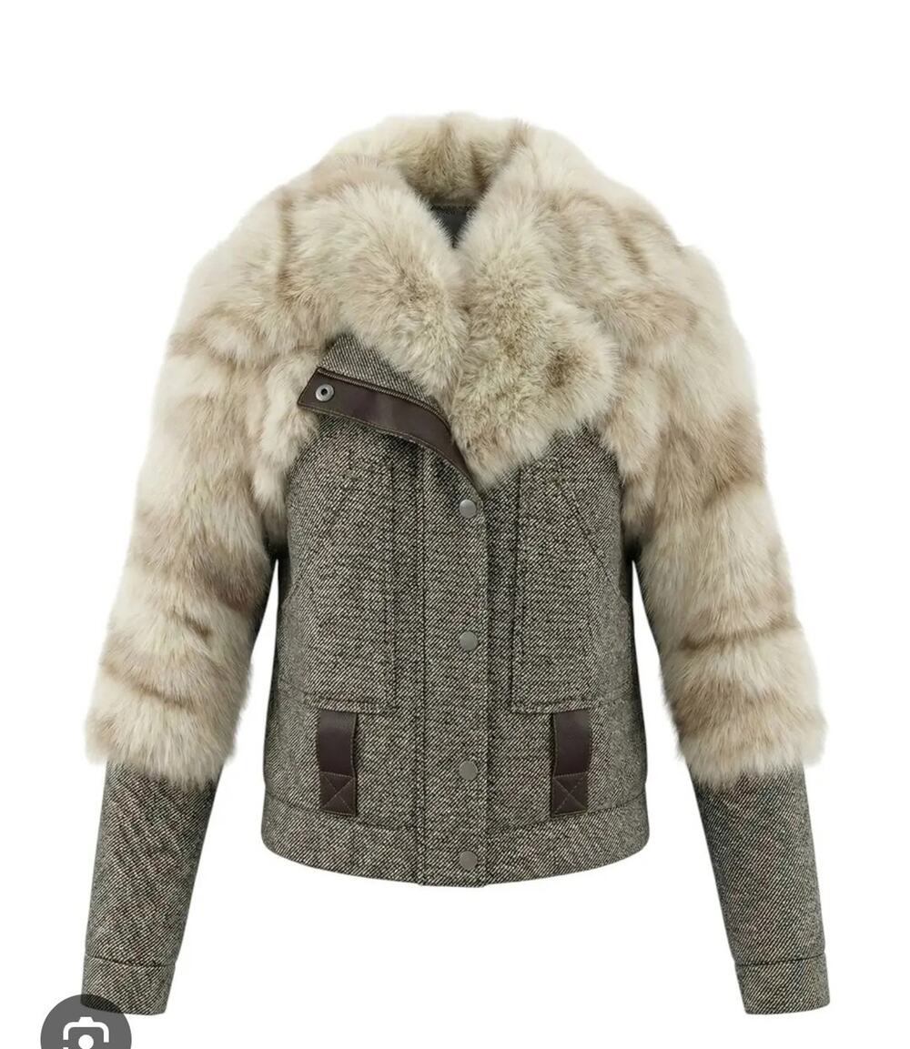 Just Cavalli Gray Ittierre Italy Silver Fox Fur Herringbone Tweed Jacket Coat 40